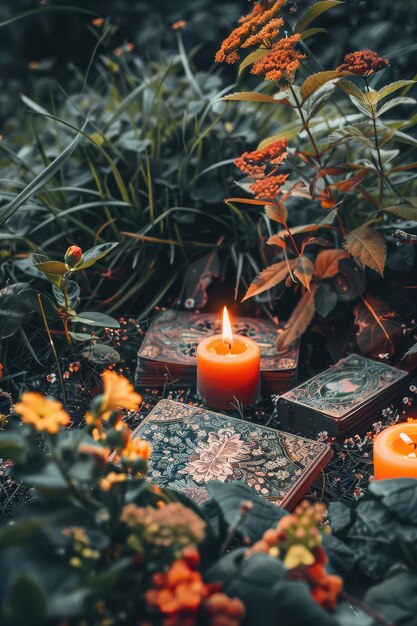 Photo candles and fortune telling magic in the forest selective focus