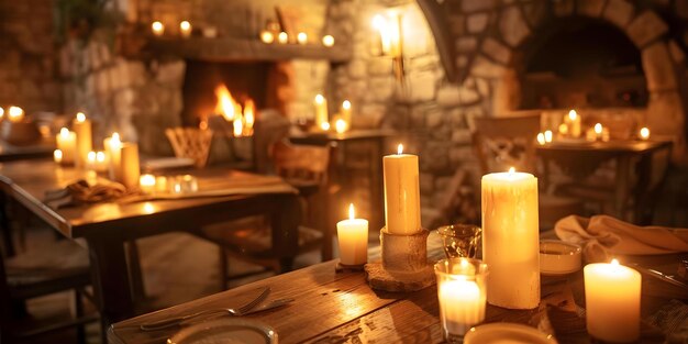 Candles illuminate tables in a medieval tavern beside a cozy fireplace Concept Medieval Setting Candlelit Ambiance Cozy Fireplace Tavern Decor Mood Lighting