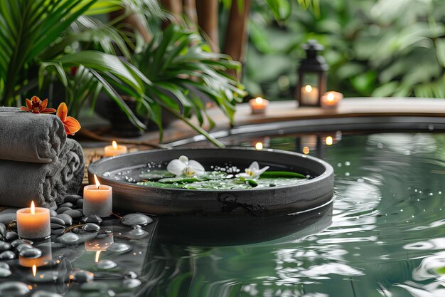 Candles lit water bowl rocks stones serene