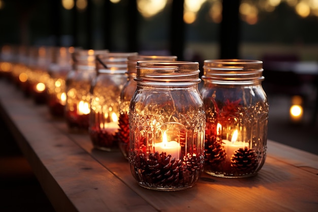 candles in mason jars with candles on a wooden table