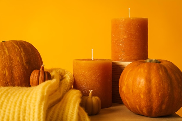 Candles pumpkins and sweater on yellow background close up