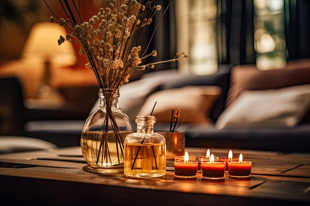 Candles and scented reed diffuser placed on a table in a spa salon leaving room for written message