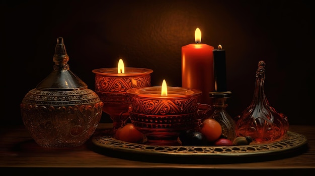 Candles on a table in front of a dark background