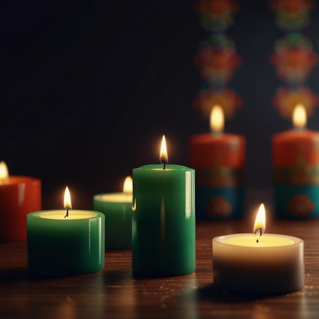 candles on a table with a black background behind them