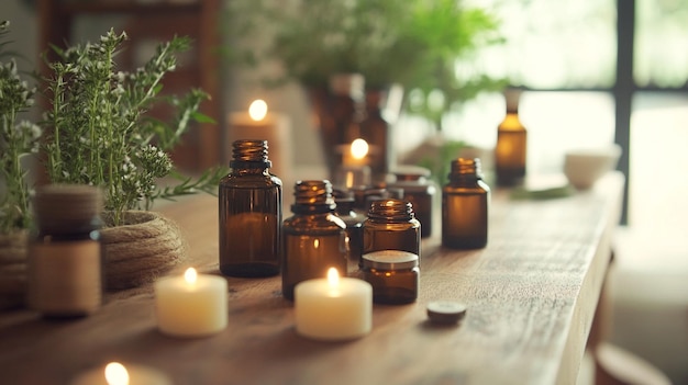 candles on a table with a christmas tree in the background