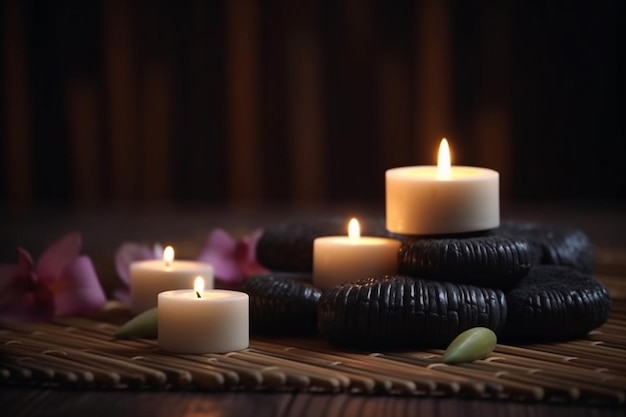 Candles on a table with a flower on the table