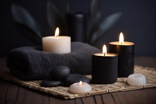 Candles on a towel with black stones and black stones