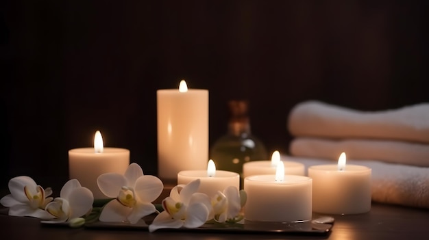 Candles and towels with orchids on the table