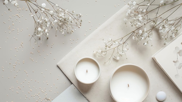 Photo candles on a white table with flowers and branches