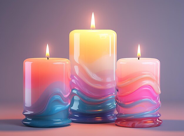 Candles with decor on the table on a colored background