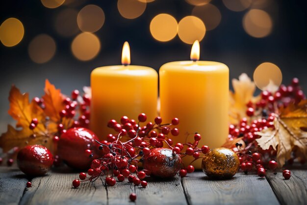 Candles with red berries and maple leaves on wood background copy space for text Generative AI