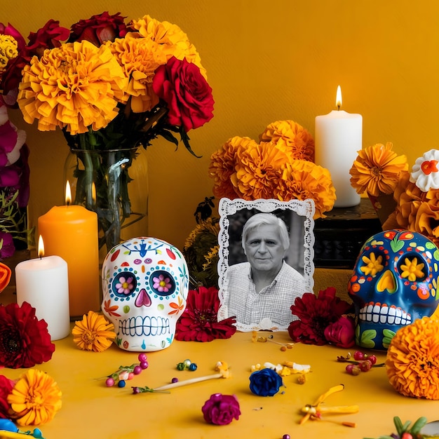 Photo candles with skull with marigold flowers day of the dead 1