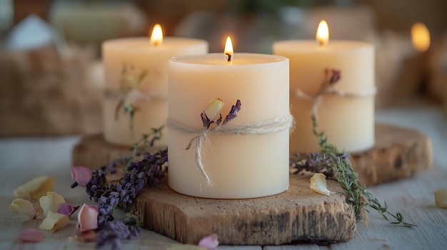 Photo candles with a string of string tied around them with a string of purple flowers