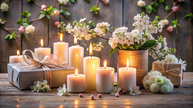 candles on a wooden background with flowers and candles