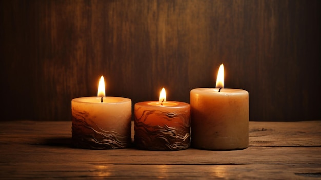 candles on a wooden table with a dark background