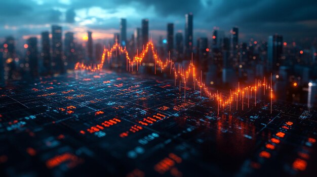 Photo candlestick graph showing stock market trends and investment patterns symbolizing market volatility