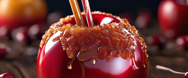 A candy apple covered in glossy caramel ready to be enjoyed