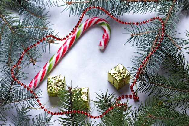 Candy cane Christmas tree branches on a light background Christmas concept Closeup View from above