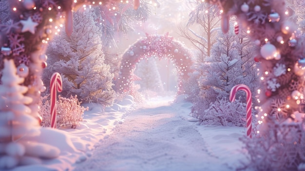 Candy cane Christmas wonderland with pink arches and frosted decorations