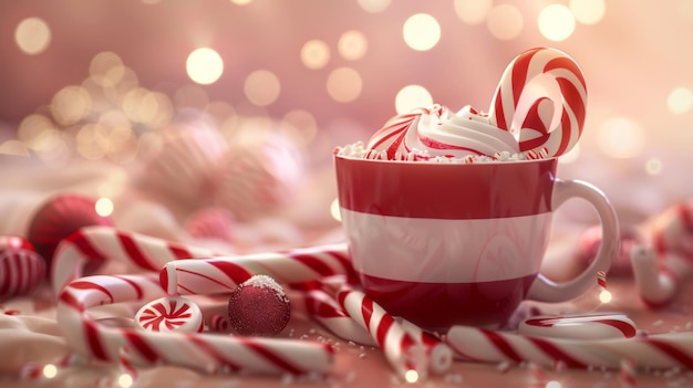 Photo candy cane hot chocolate with pink holiday ornaments