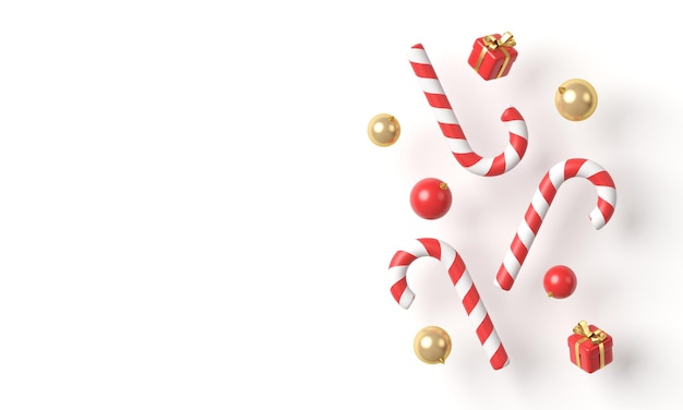 Candy canes, balls and little gift boxes on white background. Copy space. 3d rendering