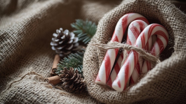 Photo candy canes wrapped in recycled paper and twine nestled in a jute sack with pine cones and cinnamon sticks for an ecofriendly christmas vibe candy canes new year christmas