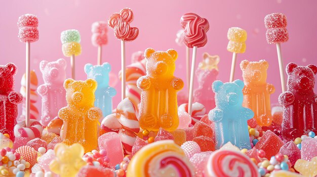 Candy concert with gummy bear musicians and lollipop instruments with room for text