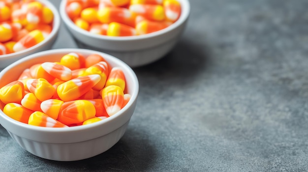 Candy corn and other Halloween candies in bowls