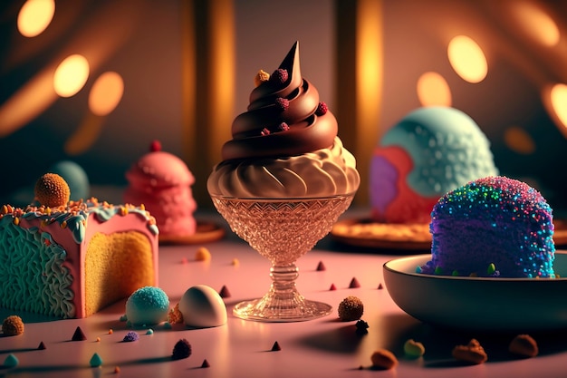 Candy dreamy dessert designColorful Cupcake and ice cream Generative AI