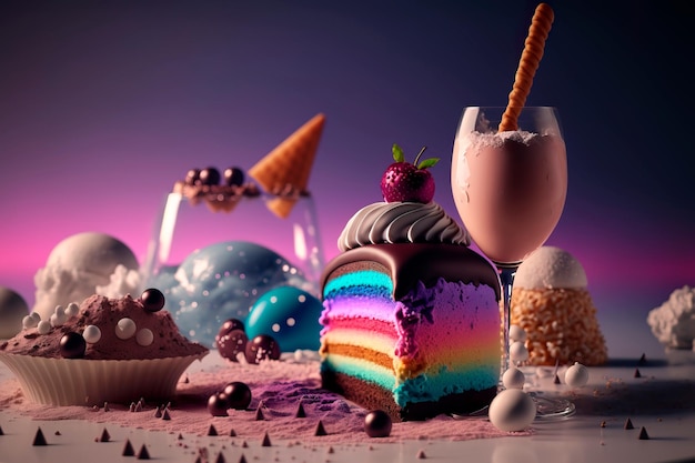 Candy dreamy dessert designColorful Cupcake and ice cream Generative AI