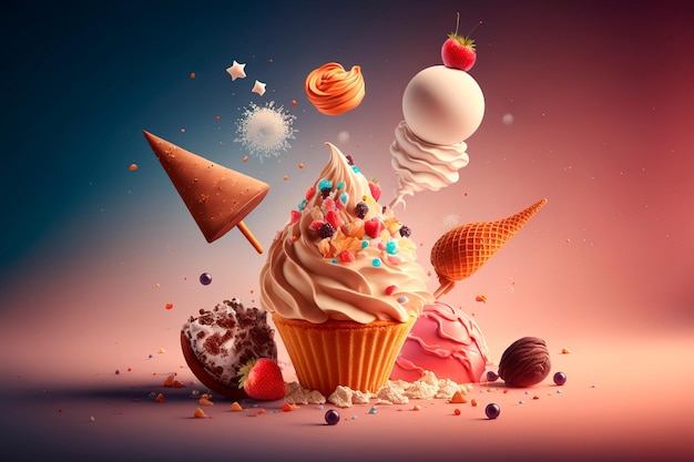 Candy dreamy dessert designColorful Cupcake and ice cream Generative AI