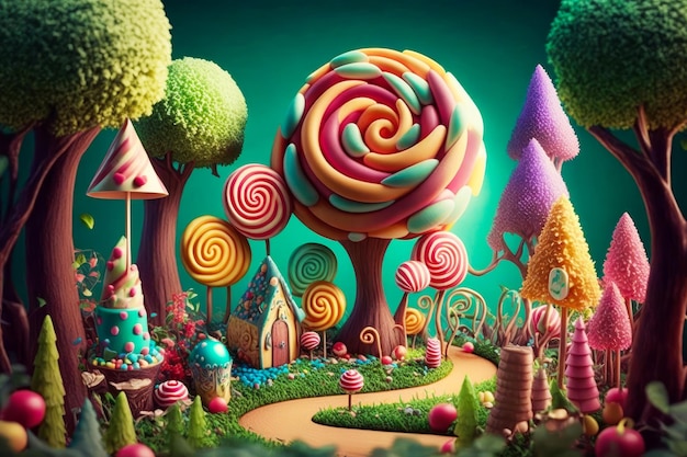 Candy forest with lollipops and trees Generative AI