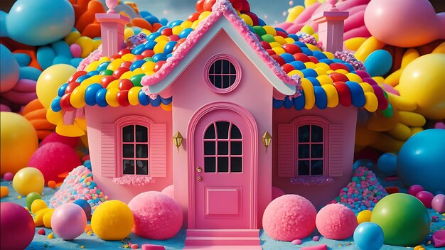 Photo candy house in a dreamy rainbow world