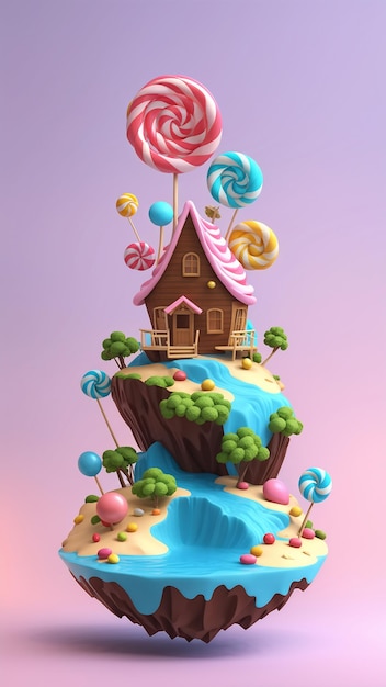 Candy House On Island With Lollipops And Lollipops 3D Illustration