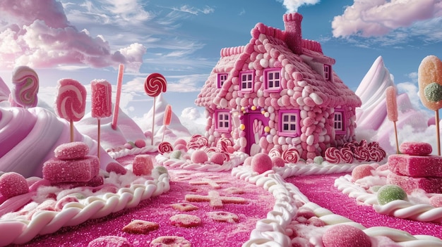 Photo a candy house made of pink and white candy sits on a path of pink sugar in a fantasy landscape