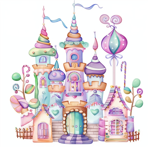 Candy land castle in watercolor child book cute cartoon style with rainbow lolly pops