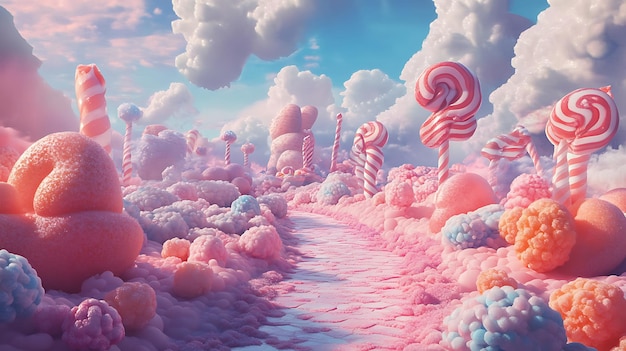 Photo candy land path leads through a dreamy landscape of cotton candy clouds