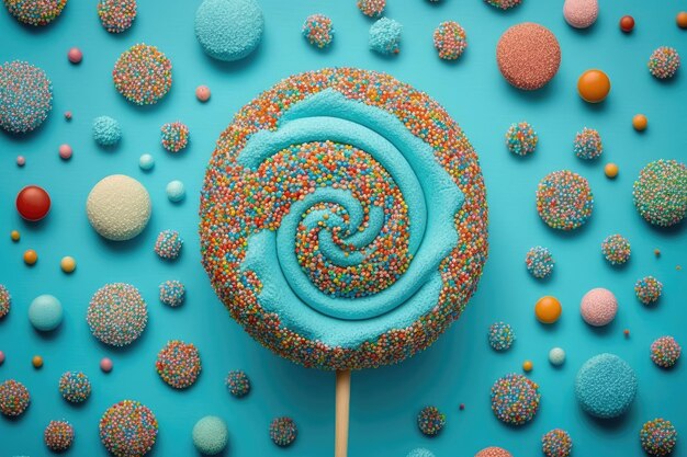 Candy lollipop sprinkles on a blue background viewed from above