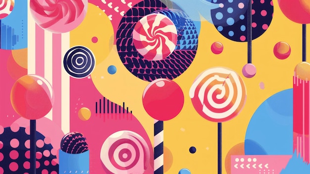 Candy and structured patterns converge in a lively colorful artwork