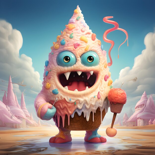 Candyeyed Ice Cream Monster Discover an ice cream monster with adorable candy eyes and a cone nose