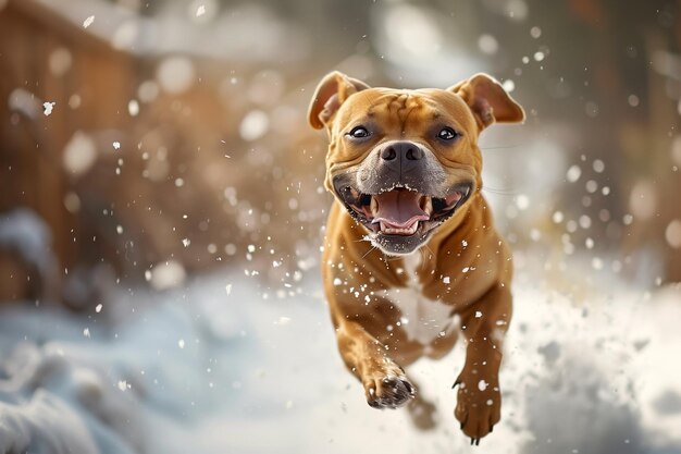 Photo cane corso dog joyfully running through snow with snowflakes flying around in a winter setting