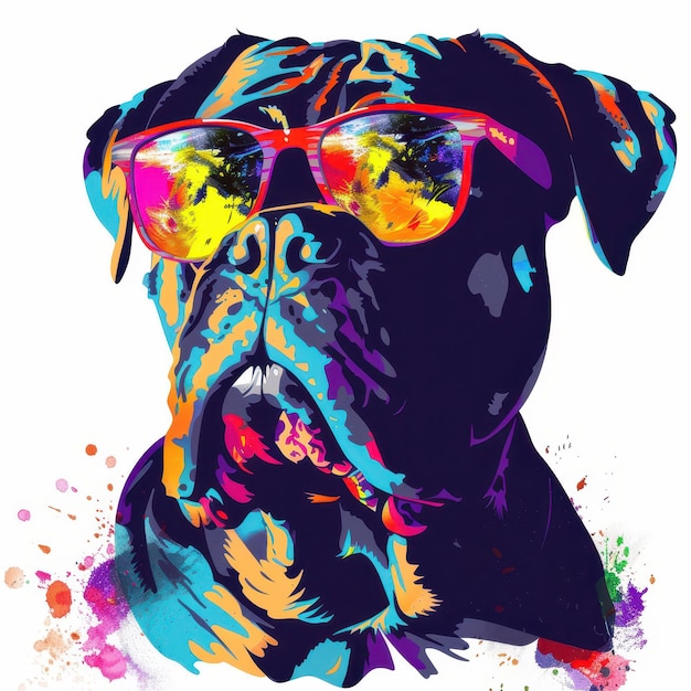 Cane Corso dog wearing sunglasses in colorful pop art style