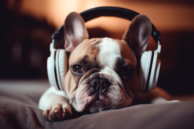 Canine Concerto A Dog in Headphones Listens to a Symphony of Melodic Tails