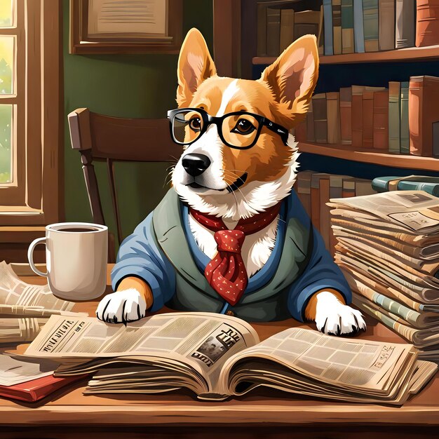 Photo canine reader newspapers glasses