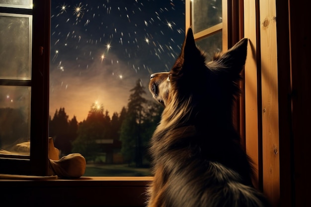 Canine Spectator Dog Observing Fireworks Through Window Generative AI