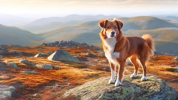 The canine stands in stone on the mountains and looks Nova Scotia duck retriever in nature on a travel Creative resource AI Generated