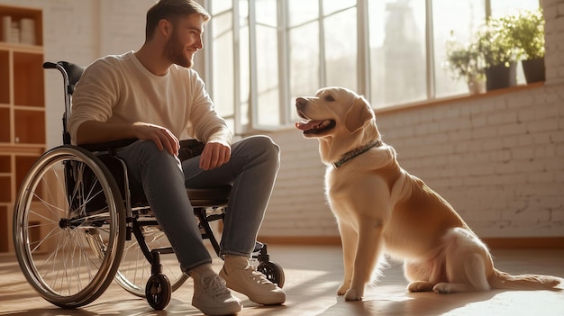 Photo a canine trainer with a disability interacts with a golden retriever in a bright training space