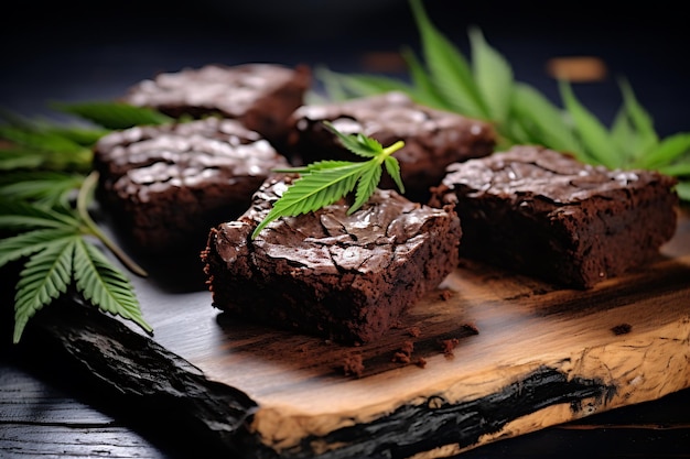 Cannabis brownies and cannabis leaves put on wooden cutting board