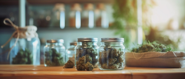 Cannabis buds in jars on display indicating a shift towards natural remedies