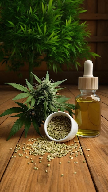 Cannabis cannabis seeds cannabis oil placed on a wooden floor with a green tree in the backgroun